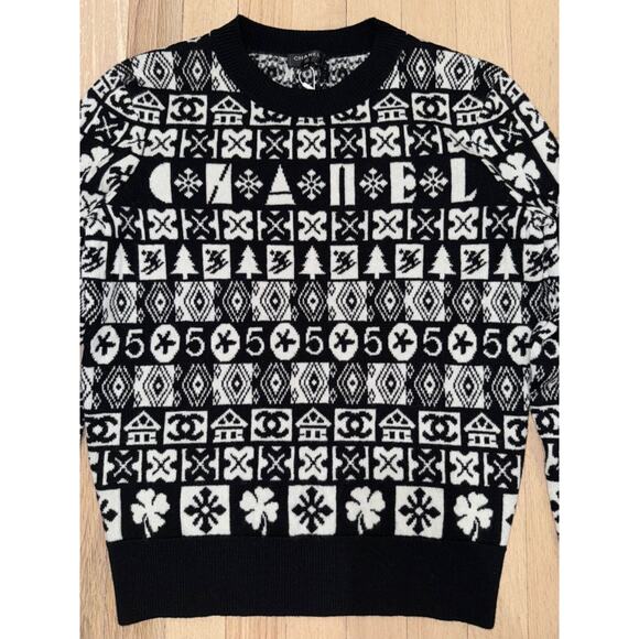 Chanel 19B Coco Neige Ski Black White CC Long Sleeve Cashmere Jumper Sweater 38 - Picture 9 of 16